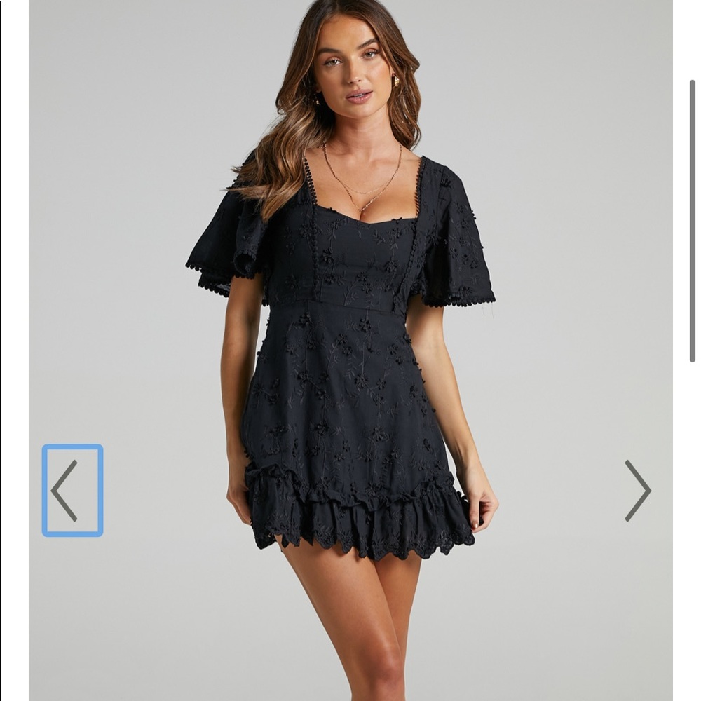 SHOWPO FANCY A SPRITZ SQUARE NECK MINI DRESS IN BLACK EMBROIDERY
